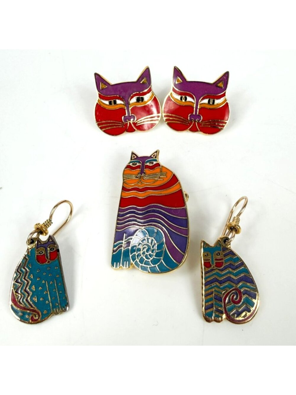 Lauren Burch Siamese Rainbow Cats Brooch Earrings Set Lot Of 5 Gold Tone